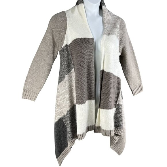 Chicos Womens M Patchwork Open Front Asym Cardigan Sweater Neutral Color Block - Picture 4 of 14